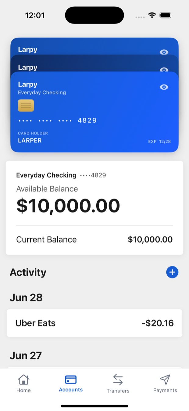 Larpy accounts screen with stacked blue prop cards, a fictional $10,000.00 available balance, and an editable activity feed showing entries like Uber Eats minus $20.16