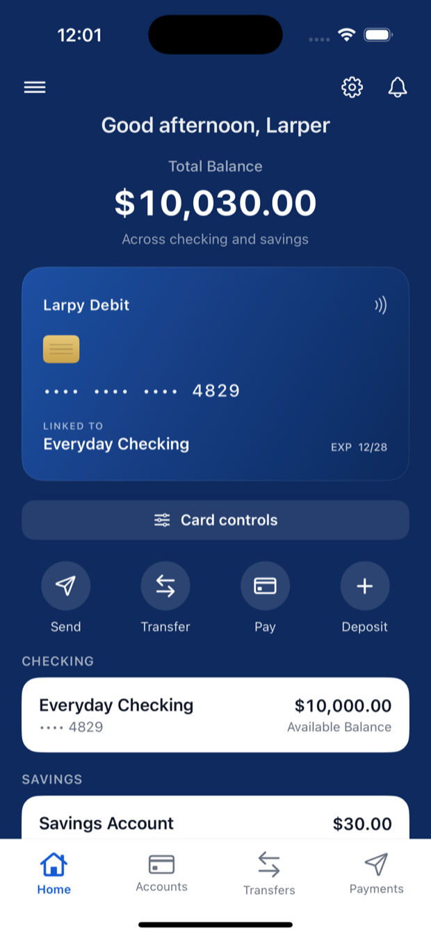 Larpy home screen showing a fictional dashboard: 'Good afternoon, Larper', a $10,030.00 total balance, a blue prop debit card, and Send, Transfer, Pay, and Deposit quick actions