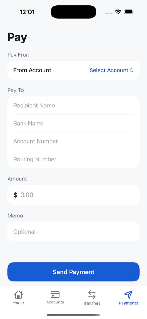 Larpy pay screen with recipient name, bank name, account number, routing number, amount, and memo fields for a simulated payment