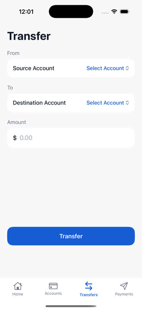 Larpy transfer screen with source account, destination account, and amount fields for a simulated transfer